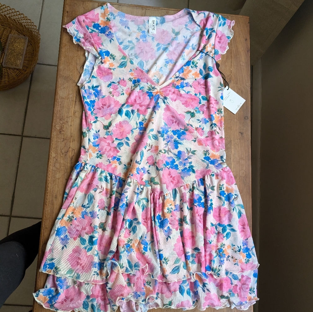 Skatie Floral Swim Coverup Romper with Pink and Blue